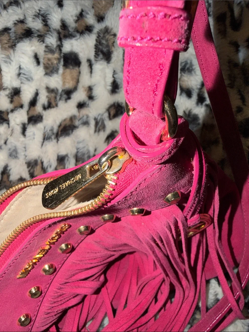 Michael Kors Hot Pink Suede Billy Fringe Crossbody with Gold Hardware
